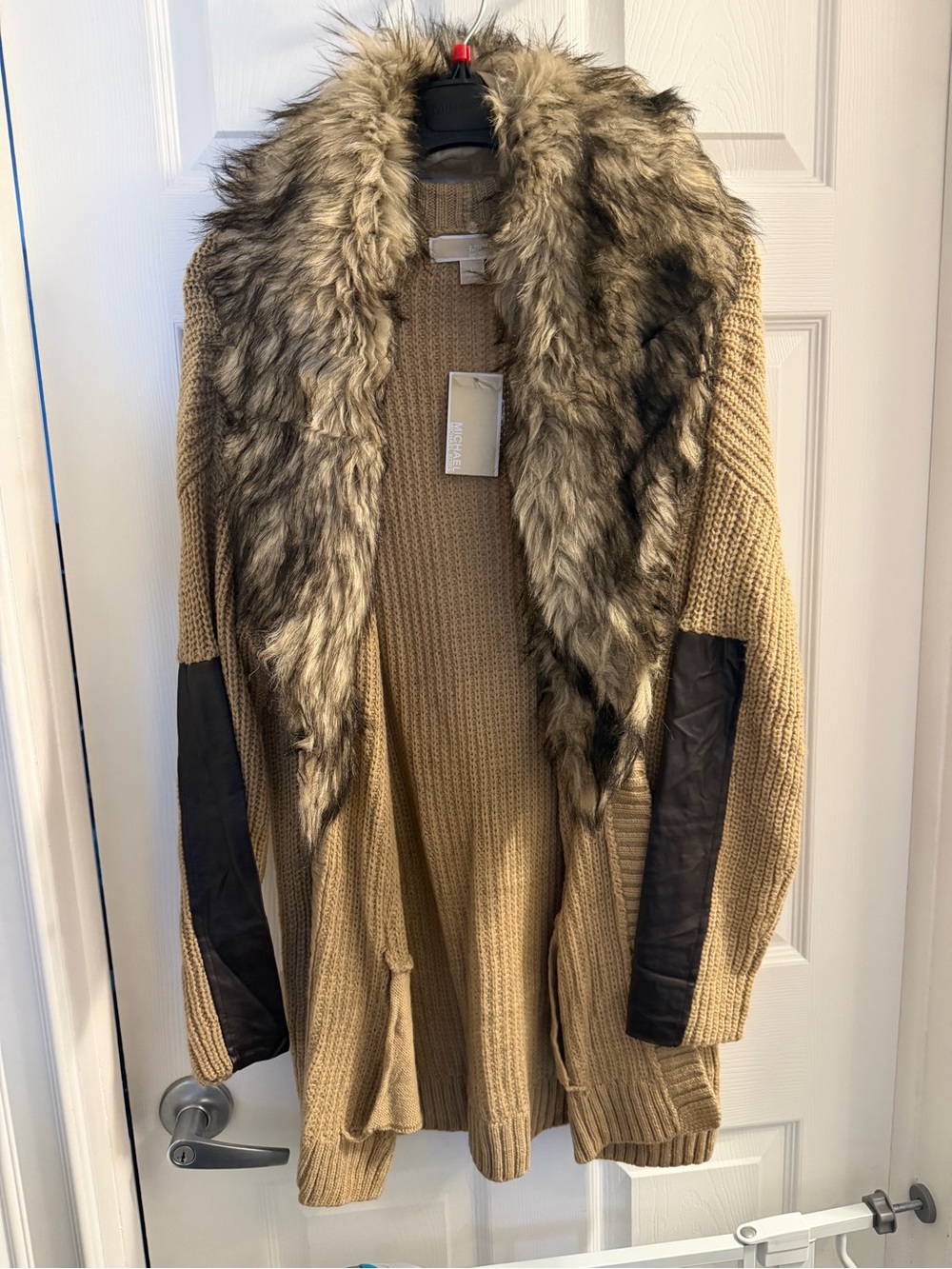 Michael Kors Dark Camel Knit Cardigan with Faux Fur Trim